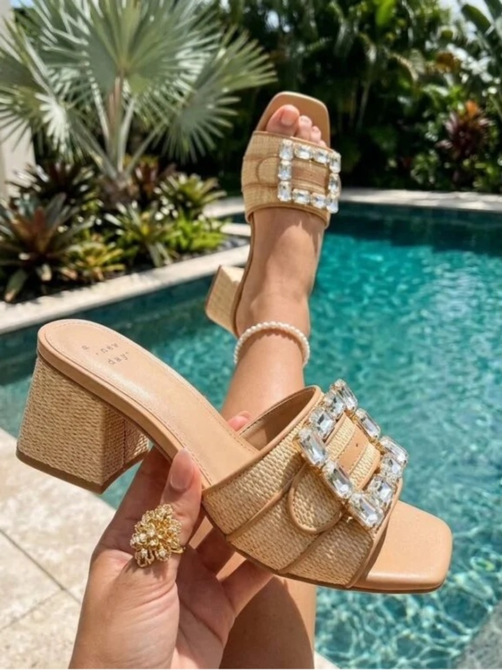 a new day Beige Crystal-Embellished Block Heel Mules